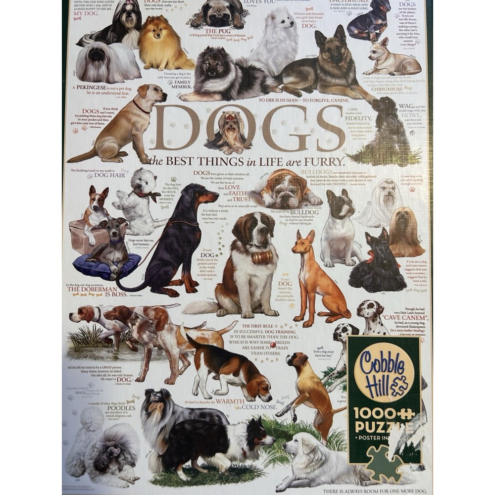 Cobble Hill  Dog Breeds 1000 Piece Jigsaw Puzzle Dog Quotes W/Poster Dog Lovers